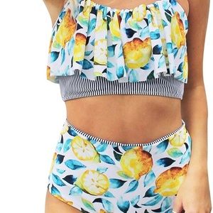 Women's Lemon Print Falbala Reversible Padded High Waisted Bikini Set
